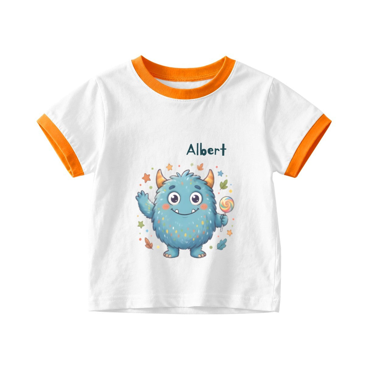 Personalized Kids T-Shirt with Name - Kawaii Blue Monster Graphic Tee with Contrast Trim - Custom Name Gift for Boys and Girls S to 3XL