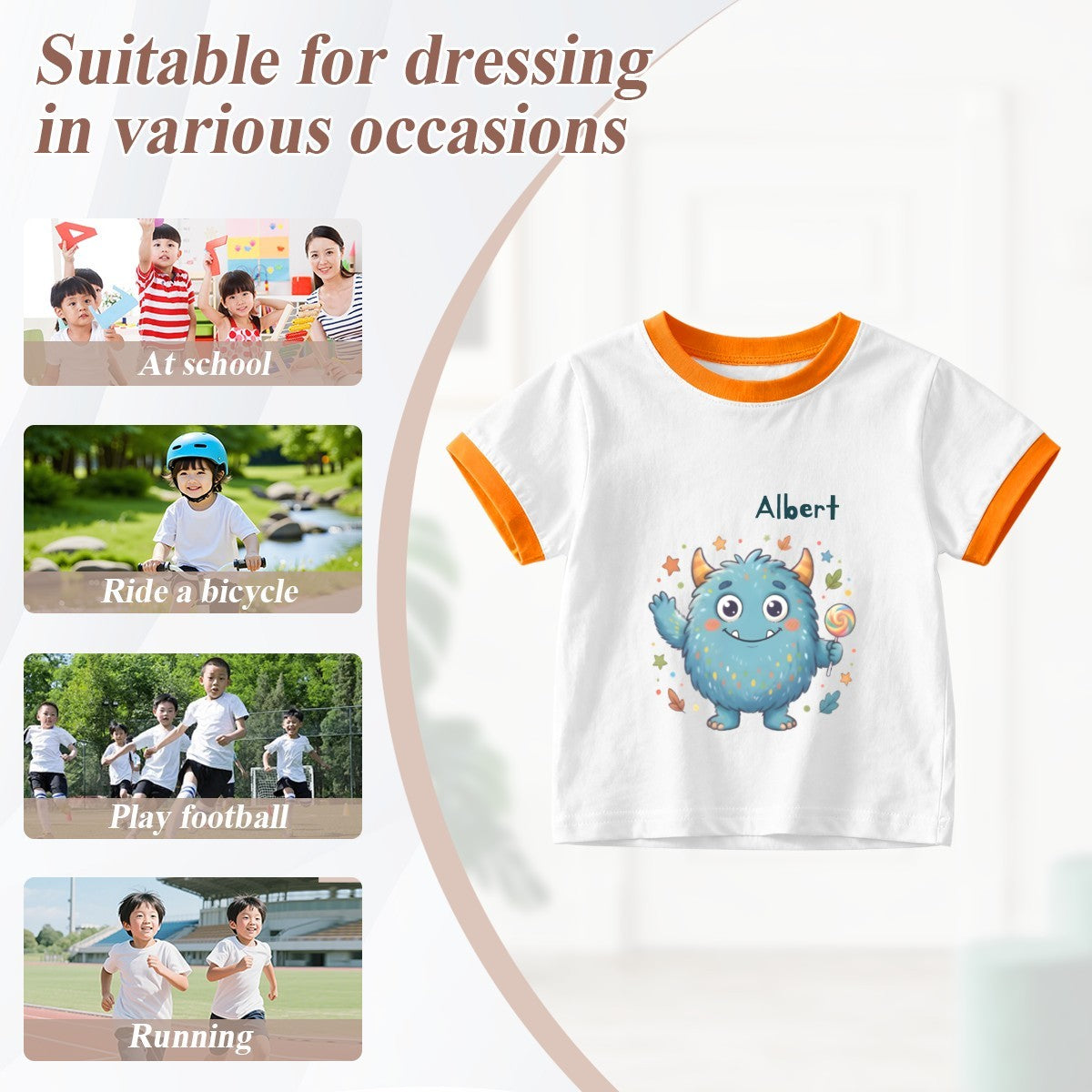 Personalized Kids T-Shirt with Name - Kawaii Blue Monster Graphic Tee with Contrast Trim - Custom Name Gift for Boys and Girls S to 3XL