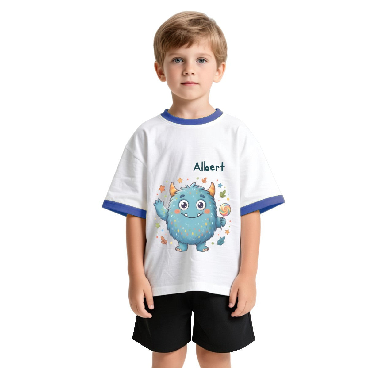 Personalized Kids T-Shirt with Name - Kawaii Blue Monster Graphic Tee with Contrast Trim - Custom Name Gift for Boys and Girls S to 3XL