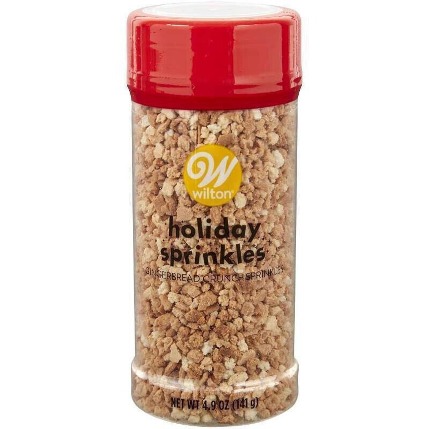 Wilton holiday sprinkles in a clear container with a red lid, perfect for festive baking.