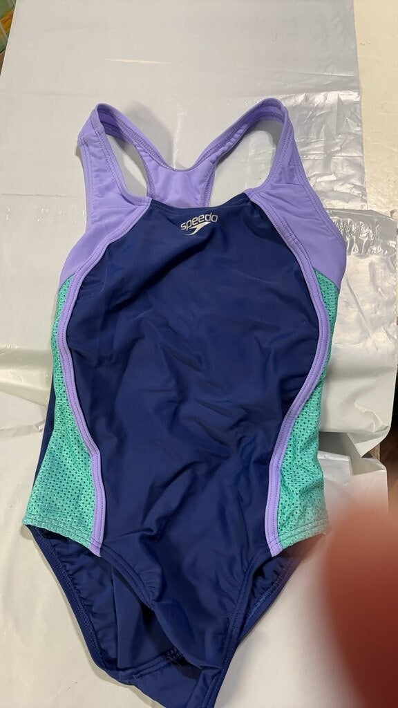 Speedo Girls' One-Piece Swimsuit, Blue/Purple/Teal Athletic Swimwear size 10