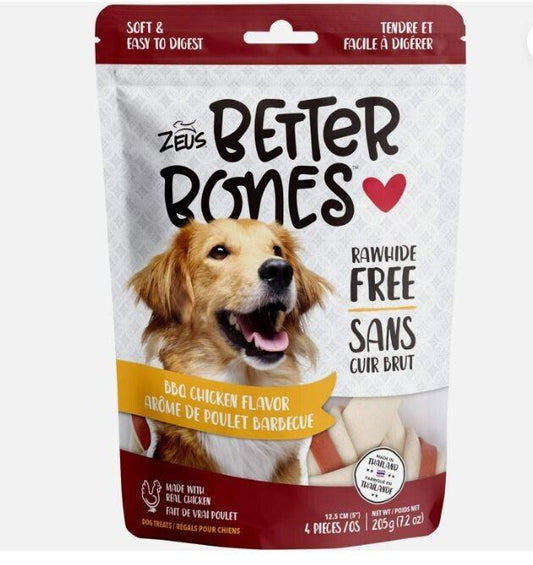 ZEUS Better Bones Dog Treats, BBQ Chicken 4 Pack - Rawhide Free Healthy Do
