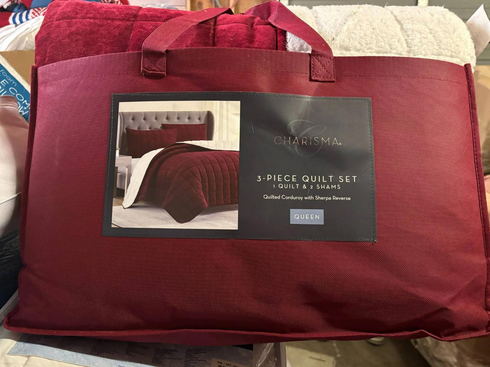 3-Piece Quilt Set in burgundy color, featuring a stylish design and packaging.