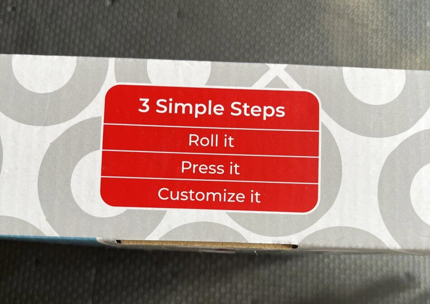 3 Simple Steps packaging showing instructions: Roll it, Press it, Customize it.