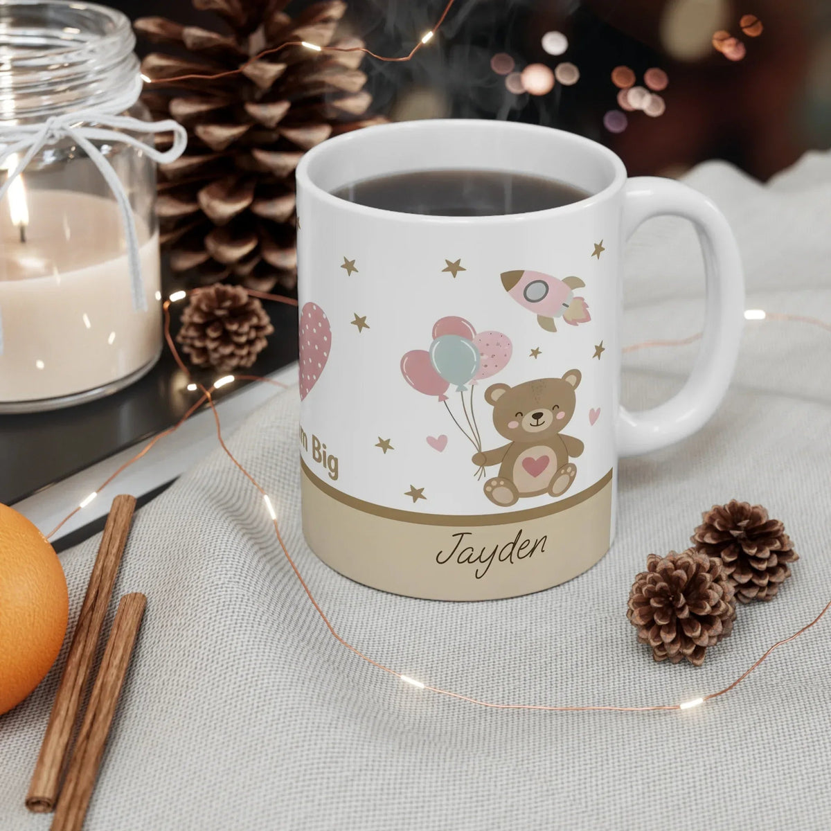 Personalized Dream Big Teddy Bear Mug | Custom Name | Balloons & Rocket Pastel Ceramic Gift
