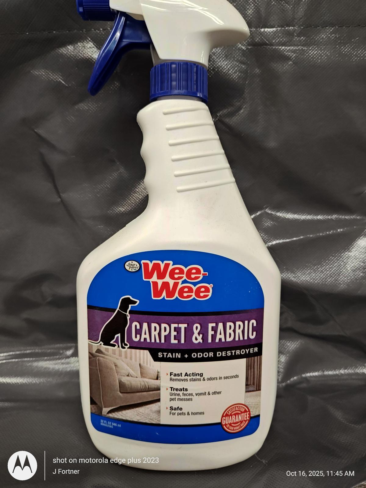 Wee-Wee Carpet & Fabric stain and odor destroyer in a spray bottle, designed for quick cleaning.