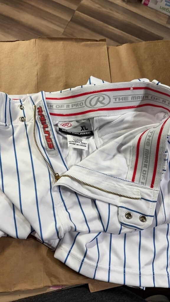 Rawlings YPIN150 Youth Baseball Pants XL Semi-Relaxed White Blue Pinstripe