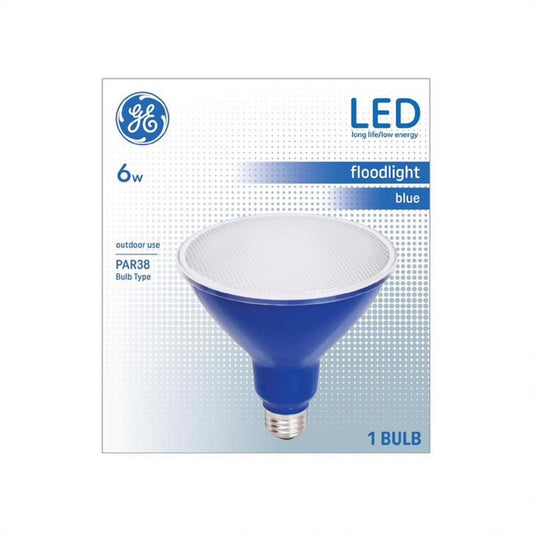 GE LED floodlight blue bulb, 6W, PAR38 type, ideal for outdoor use.