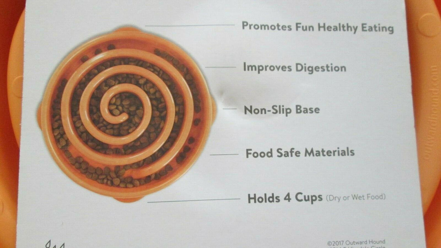 New Outward Hound Fun Feeder Slo Bowl-Holds 4 Cups-Orange-Dogs Eat 10x Slower