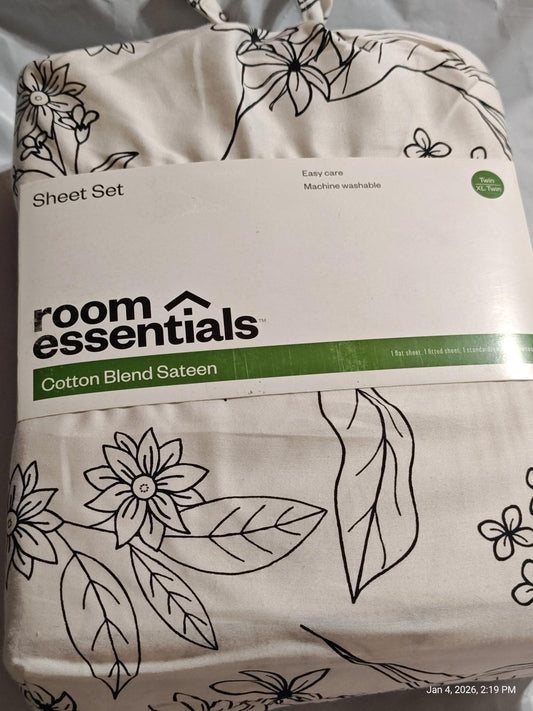 Room Essentials cotton blend sateen sheet set featuring floral design and easy care.