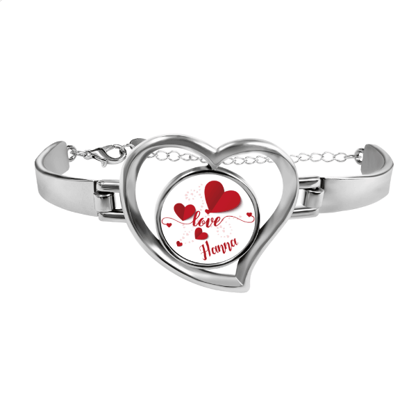 Personalized Name Heart Bangle Bracelet | Custom Name Love Charm in Open Heart | Silver