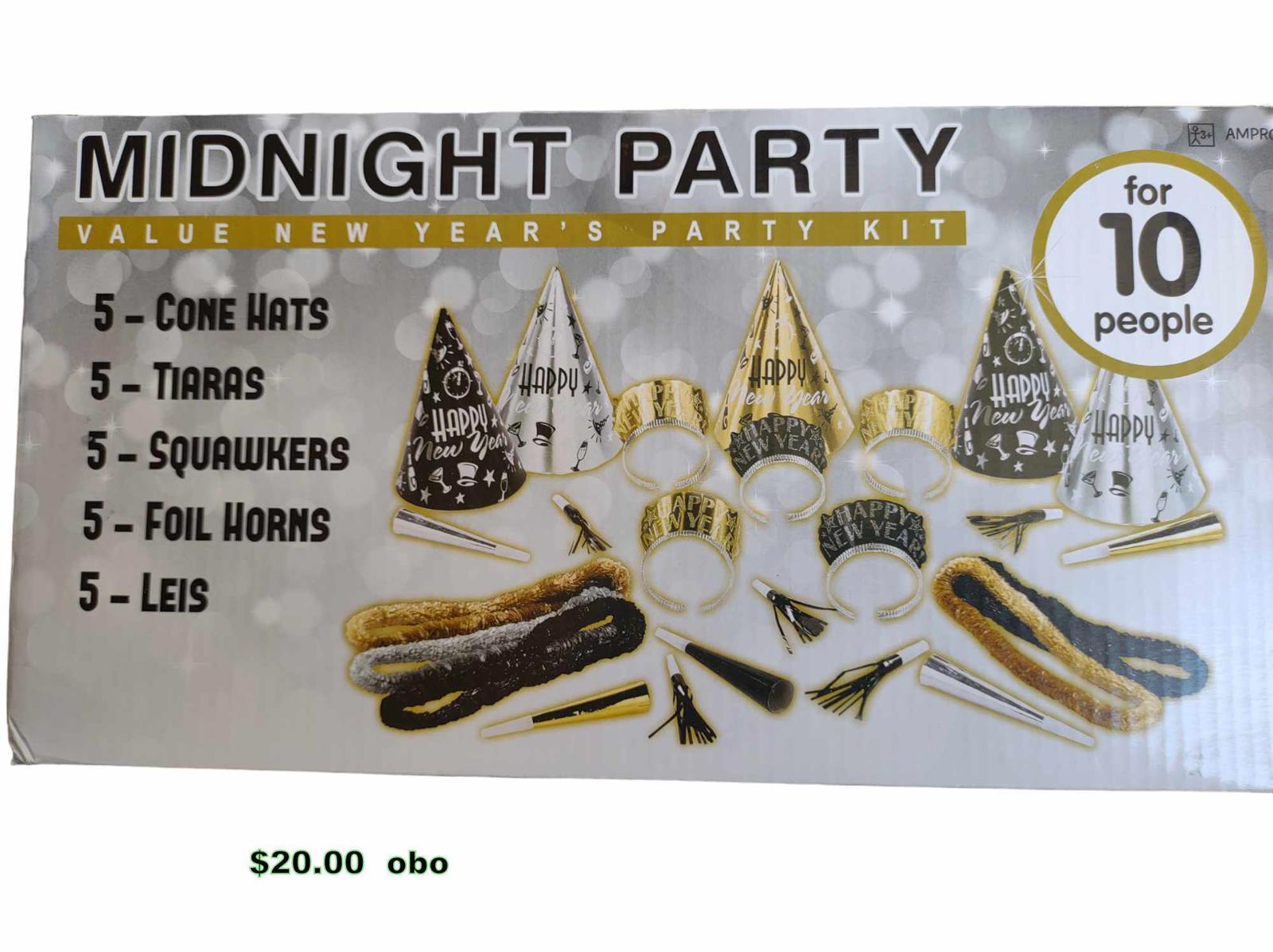 Midnight Party kit for 10 people featuring cone hats, tiaras, and foil horns.
