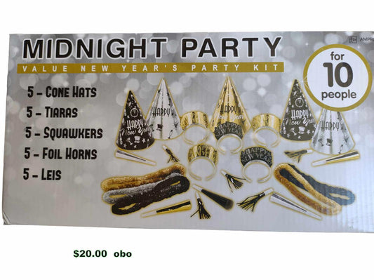 Midnight Party kit for 10 people featuring cone hats, tiaras, and foil horns.