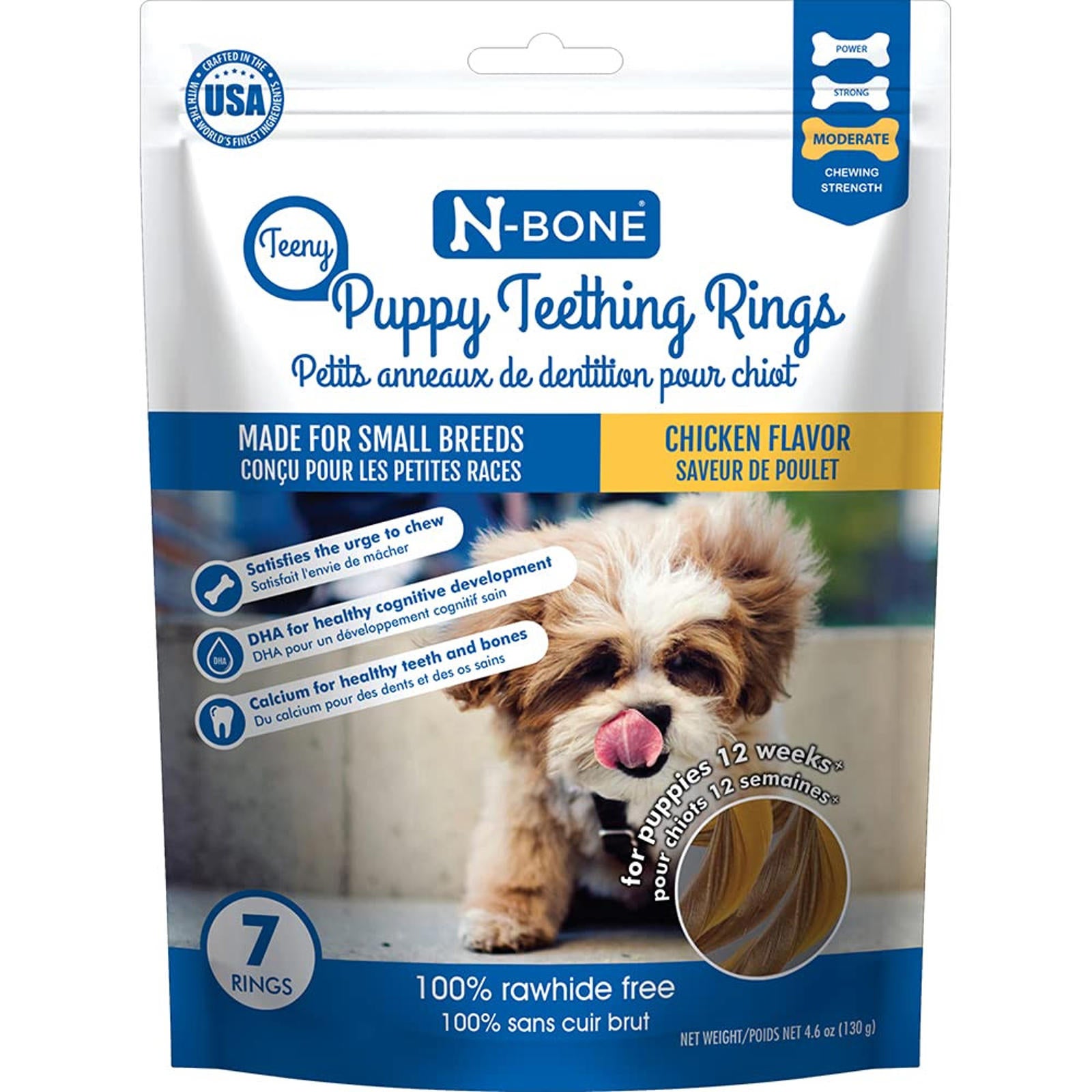 N-Bone Puppy Teething Rings in chicken flavor, ideal for small breeds, featuring a cute puppy on the packaging.