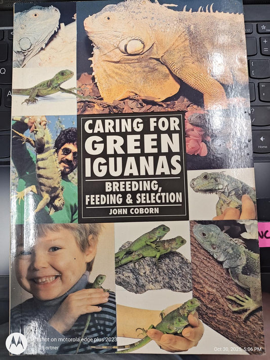 Caring for Green Iguanas book cover featuring images of iguanas and a child, highlighting breeding and feeding.