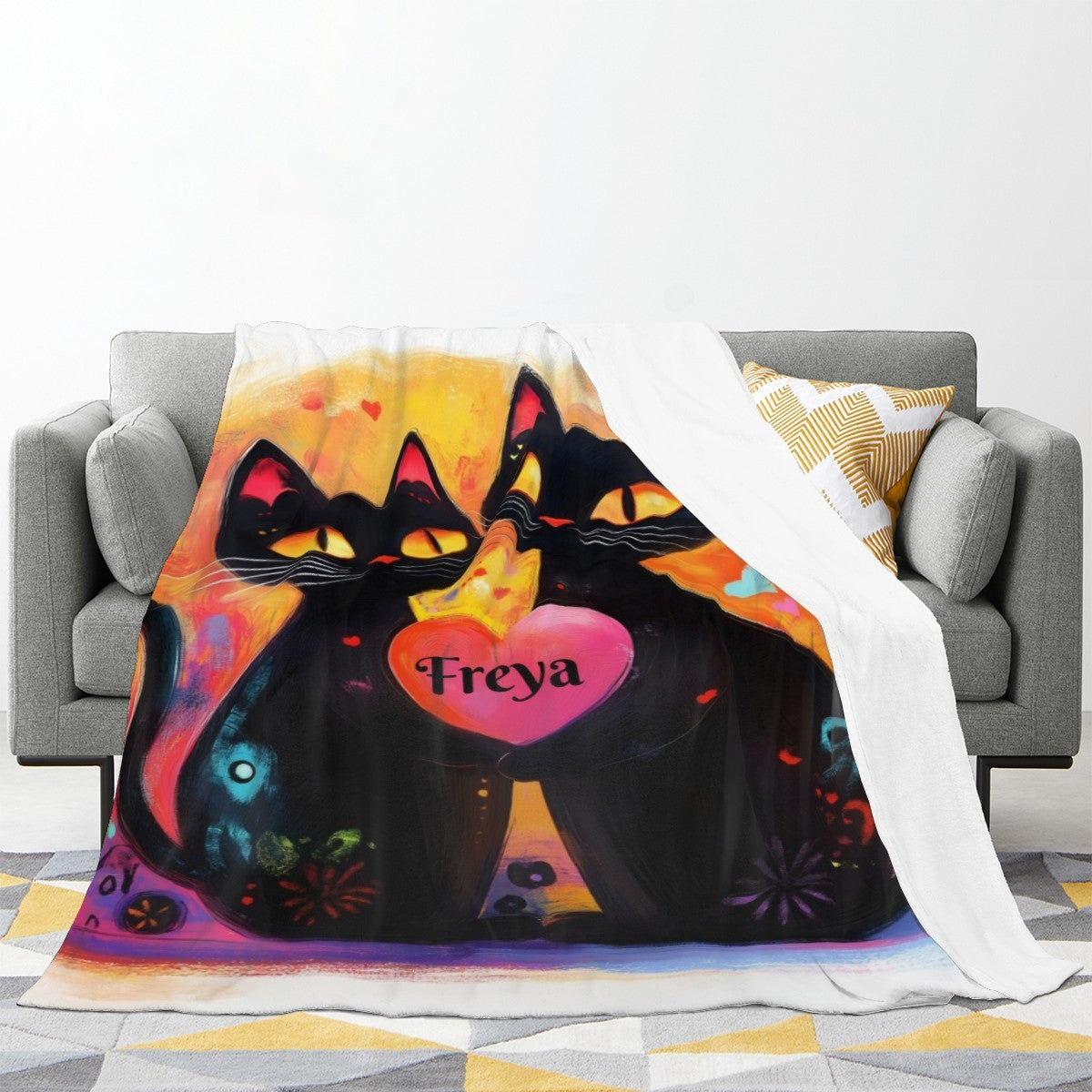 Personalized Black Cats Heart Blanket with Name | Pop Art Neon Design | Custom Cat Lover Gift