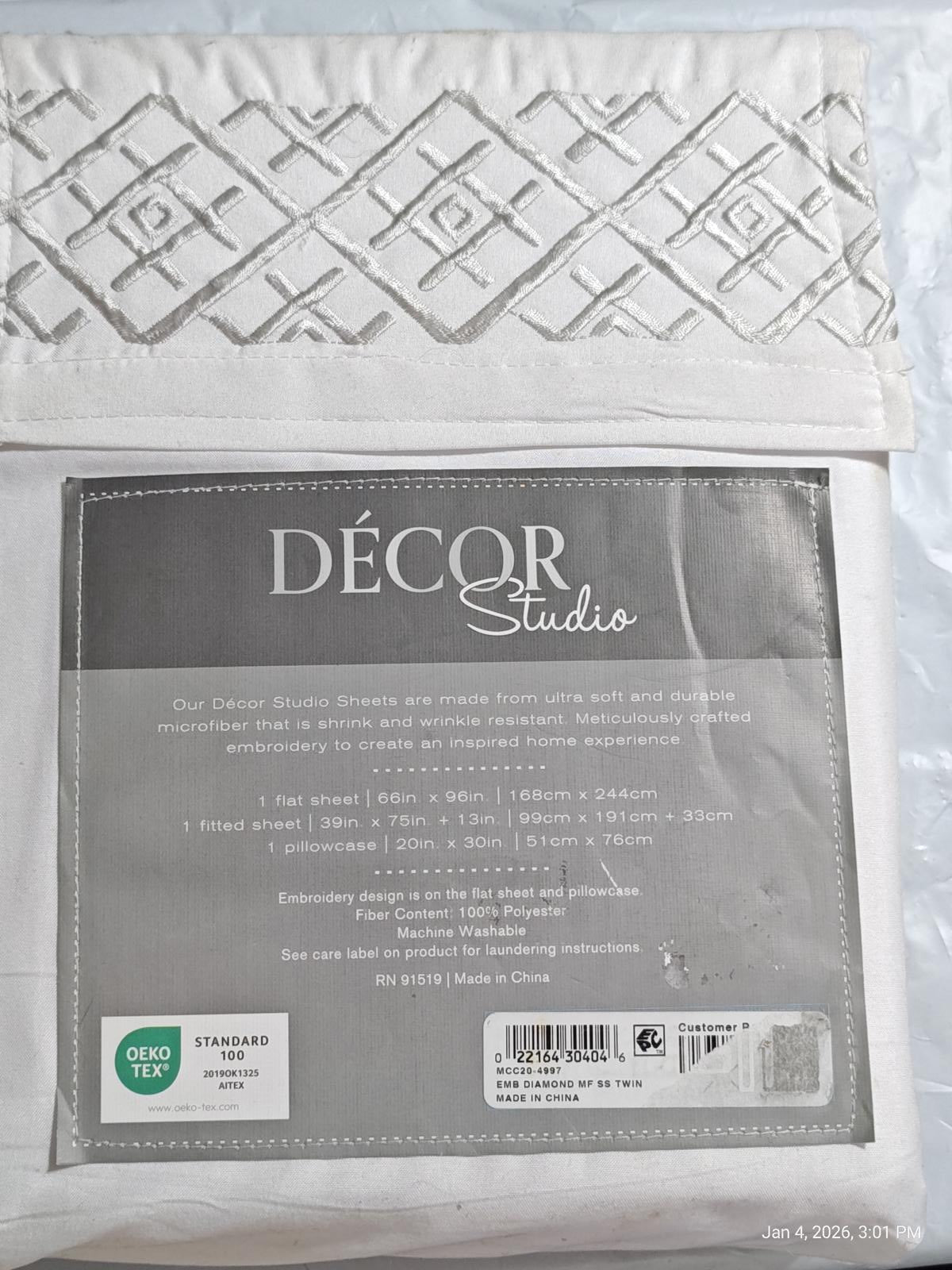 Decor Studio Diamond Grey Embroidered Microfiber 3-Pc. Sheet Set, Twin