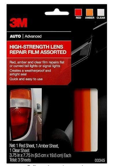 3M High-Strength Lens Repair Film Assorted includes red, amber, and clear sheets for quick repairs.
