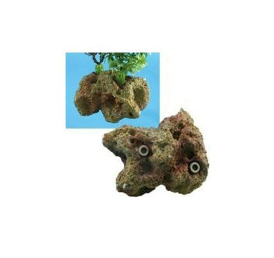 Aquarium Rock Decoration with Plant Holder, textured surface and natural colors.