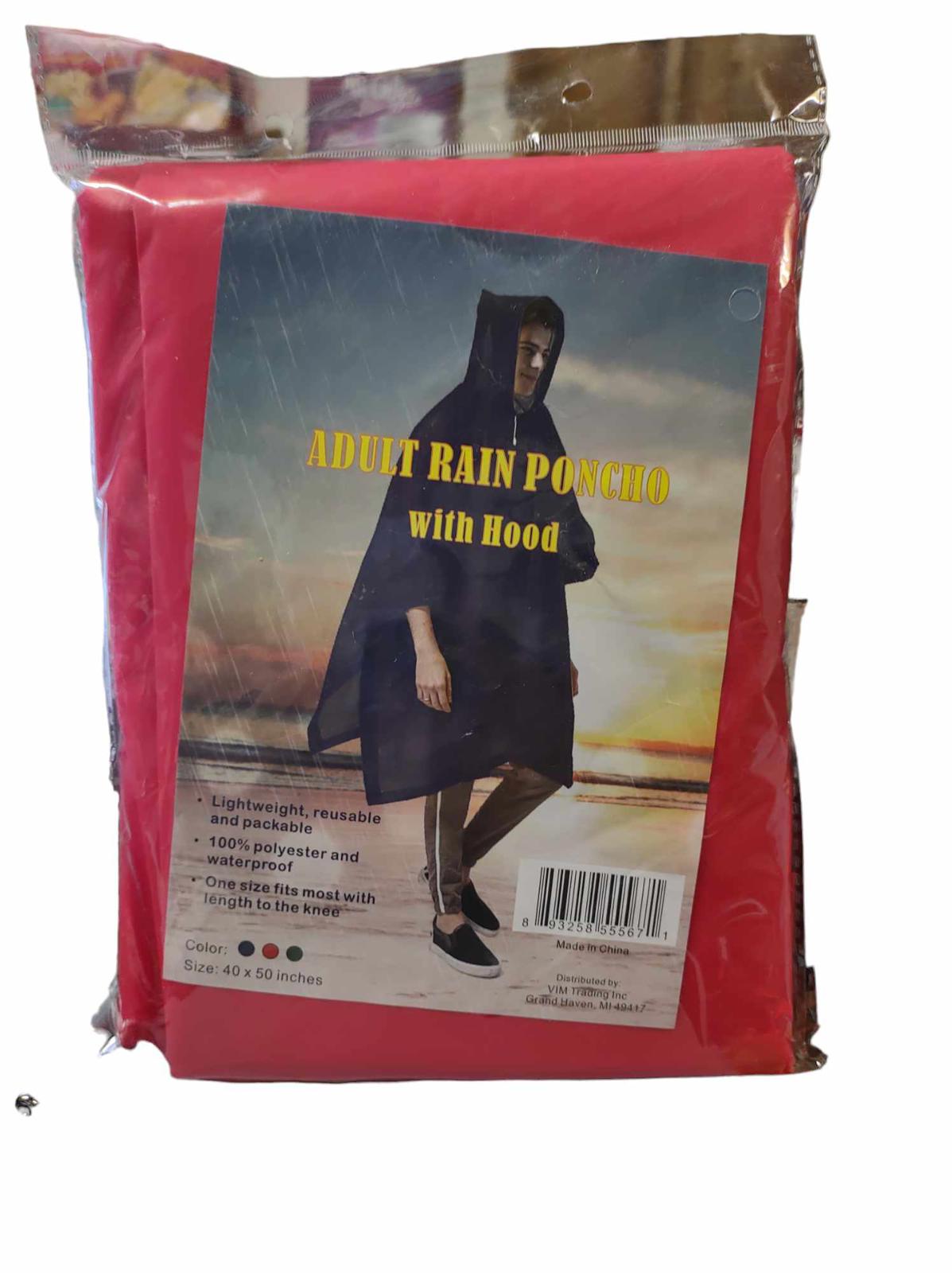Adult Rain Poncho Red or Green Adult Size 40 X 50 in Lite, 100% Poly/Waterproof