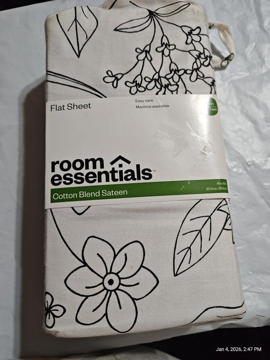 TWIN/ TWIN XL Cotton Blend Sateen FLAT Sheet  - Room Essentials black flowers