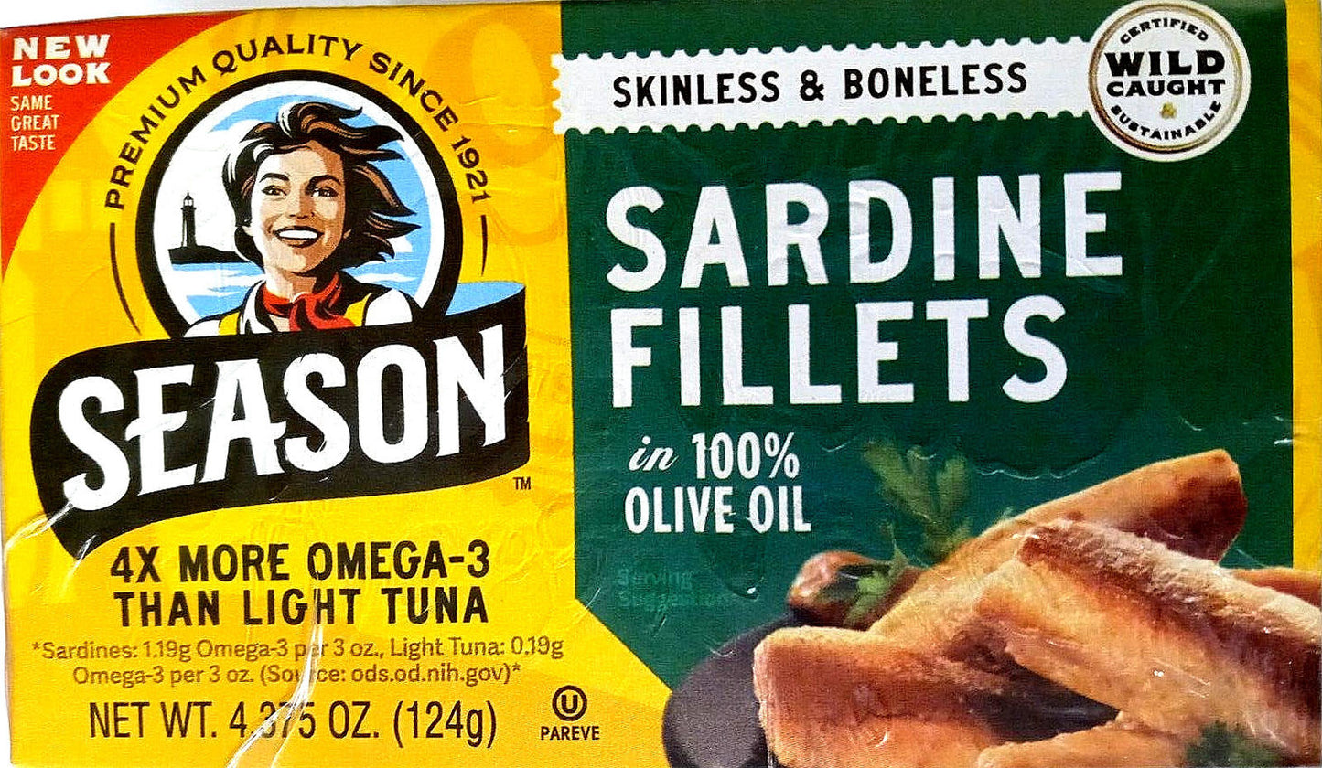 Season Sardine Fillets in 100% olive oil, skinless and boneless, packed for premium quality.