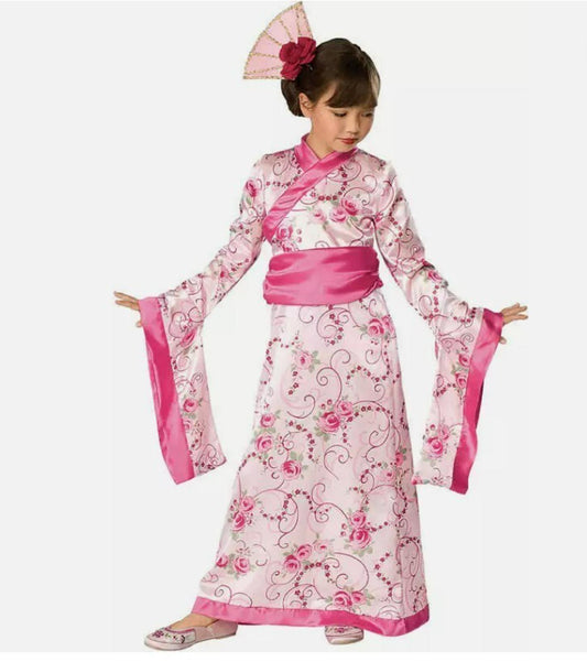 JAPANESE KIMONO CHILD COSTUME ASIAN PRINCESS KIDS GIRL GEISHA PINK FLOWER LARGE