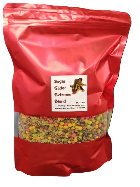 Red bag of Sugar Glider Extreme Blend with a label on a black background
