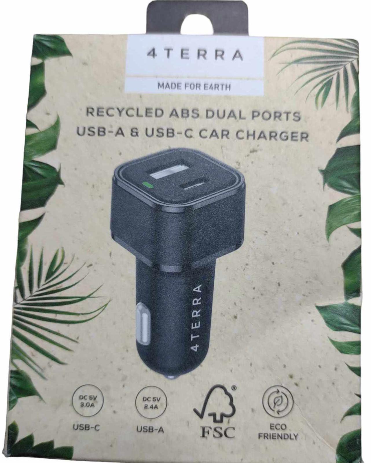 4Terra recycled ABS dual ports USB-A and USB-C car charger with eco-friendly design.