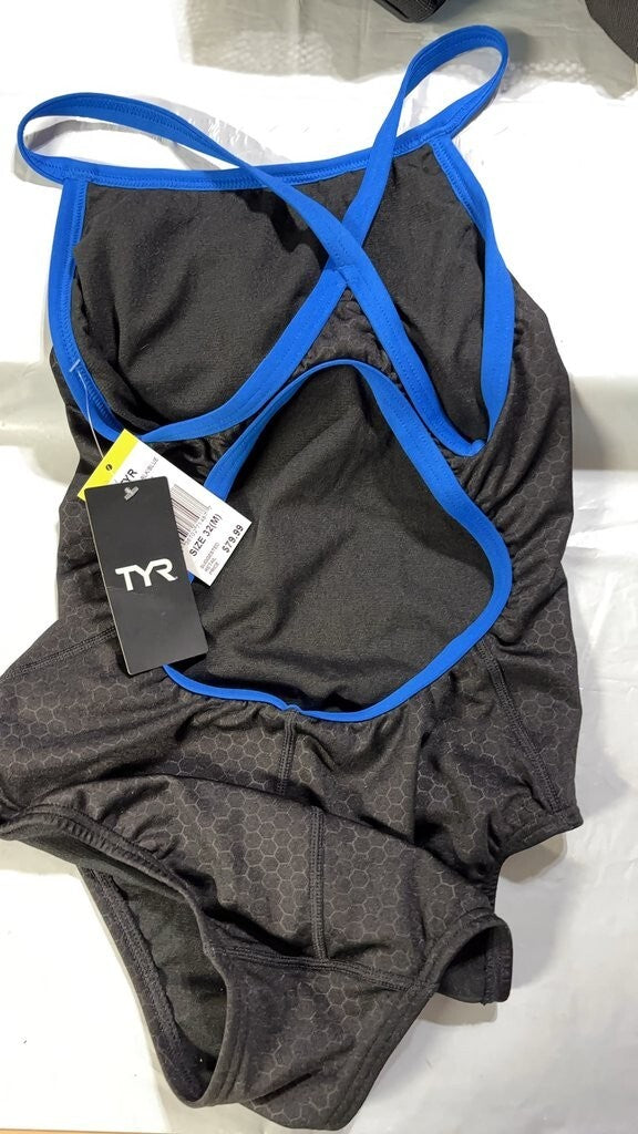 TYR Hexa Diamondfit Women's One Piece Swimsuit Black/Blue NWT Size 32M