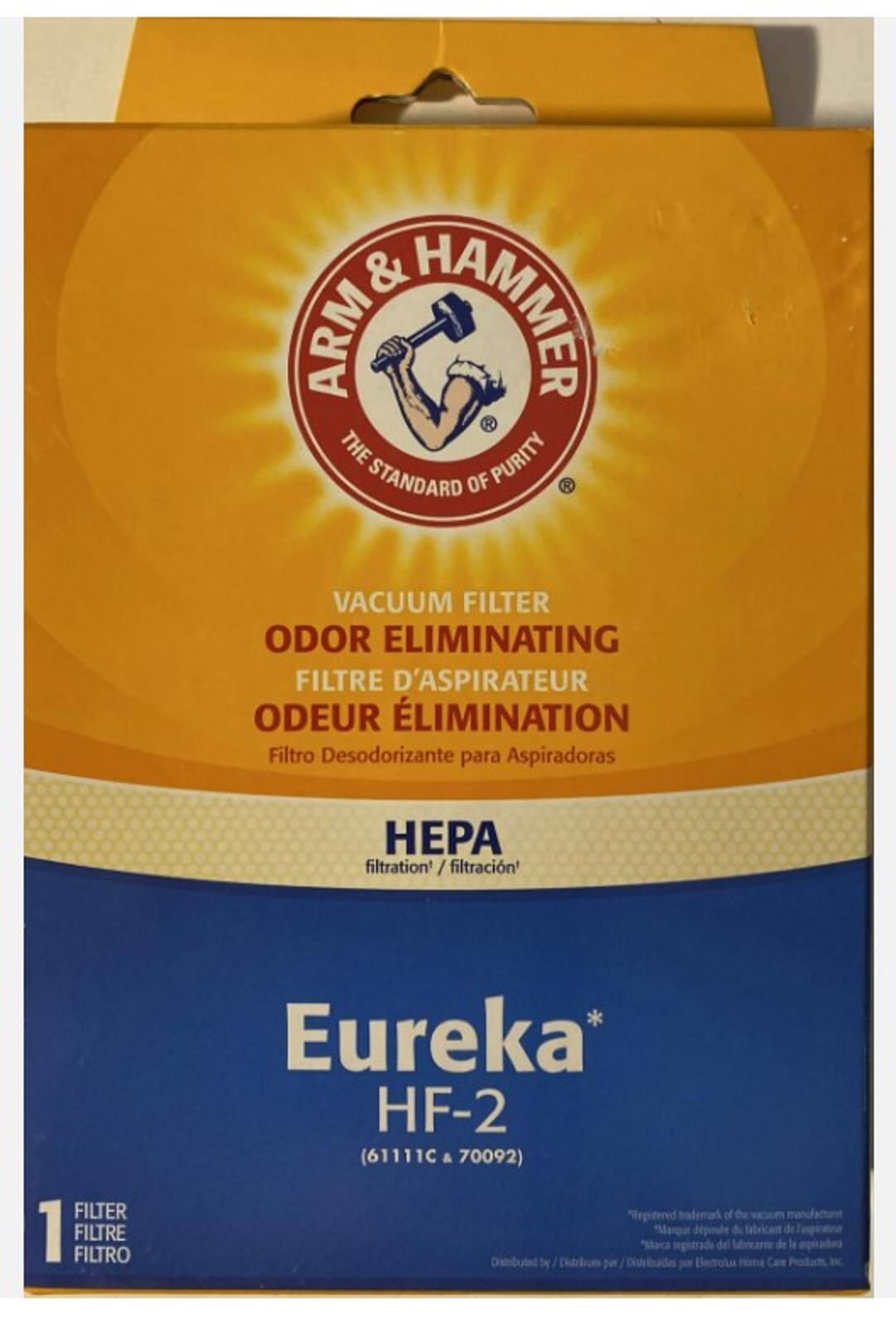 Eureka HF-2 vacuum filter by Arm & Hammer, designed for odor elimination and HEPA filtration.