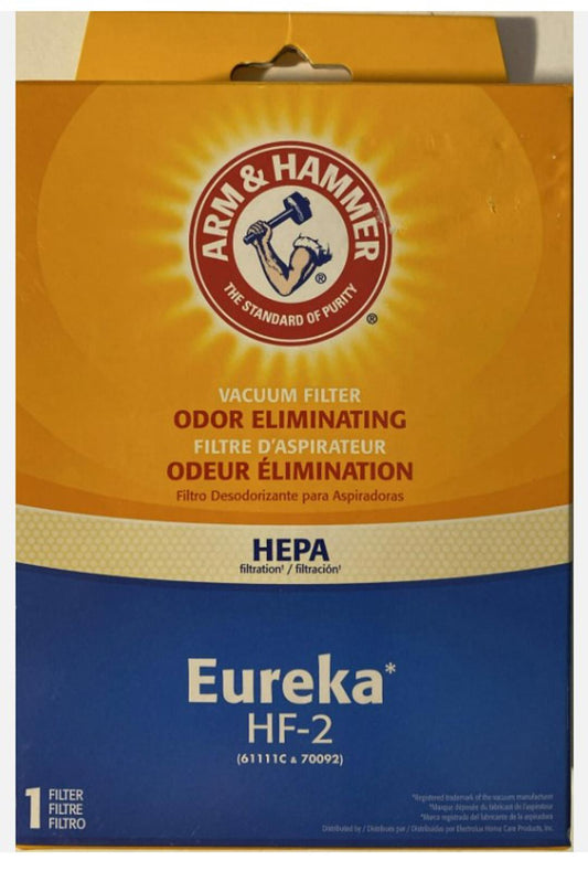 Eureka HF-2 vacuum filter by Arm & Hammer, designed for odor elimination and HEPA filtration.