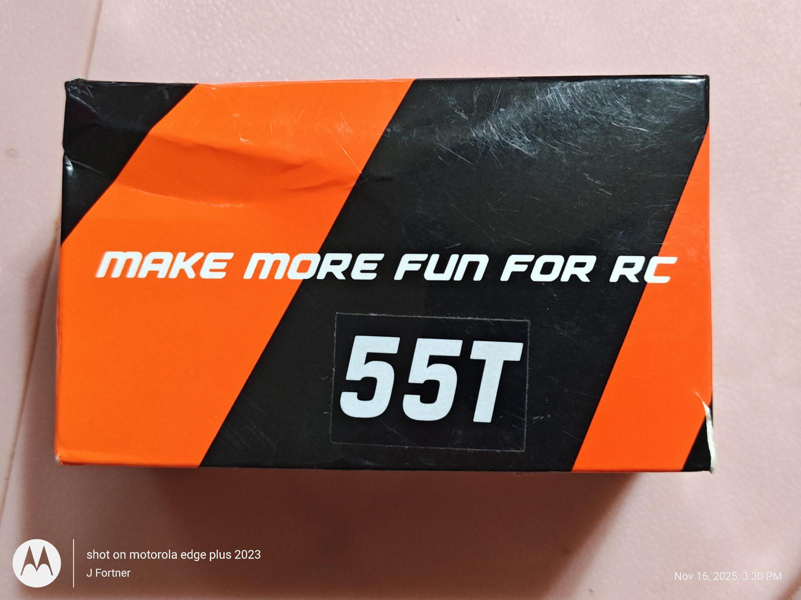 55T motor for RC vehicles, featuring a vibrant orange and black design.