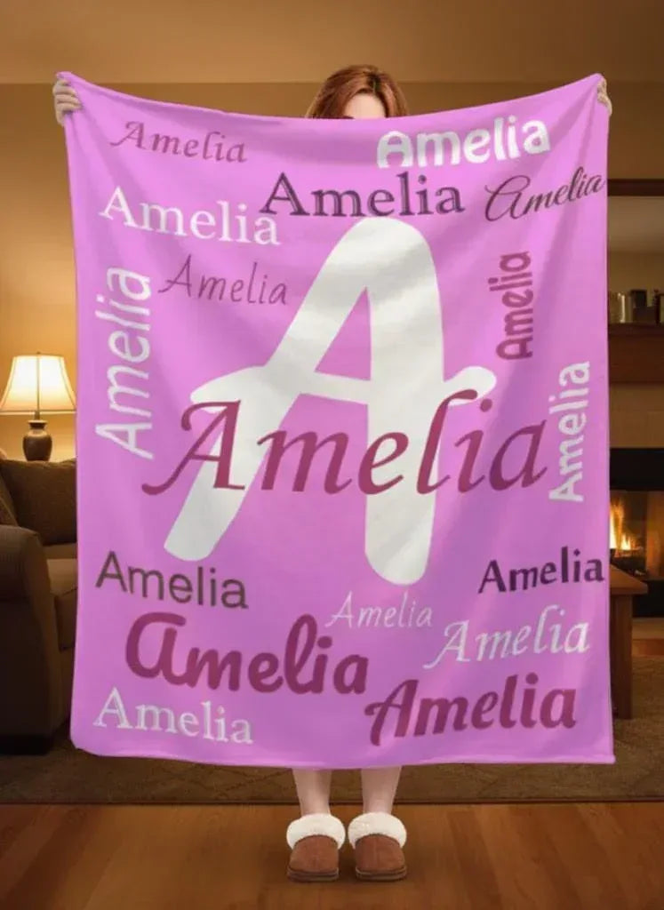 Personalized Name Blanket | Custom Initial & Repeated Name | Pink Fleece Throw Gift