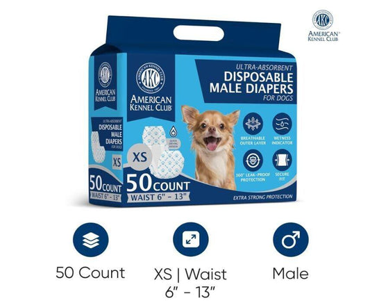 American Kennel Club disposable male diapers for dogs, ultra-absorbent, 50 count, suitable for waist sizes 6 to 13 inches.