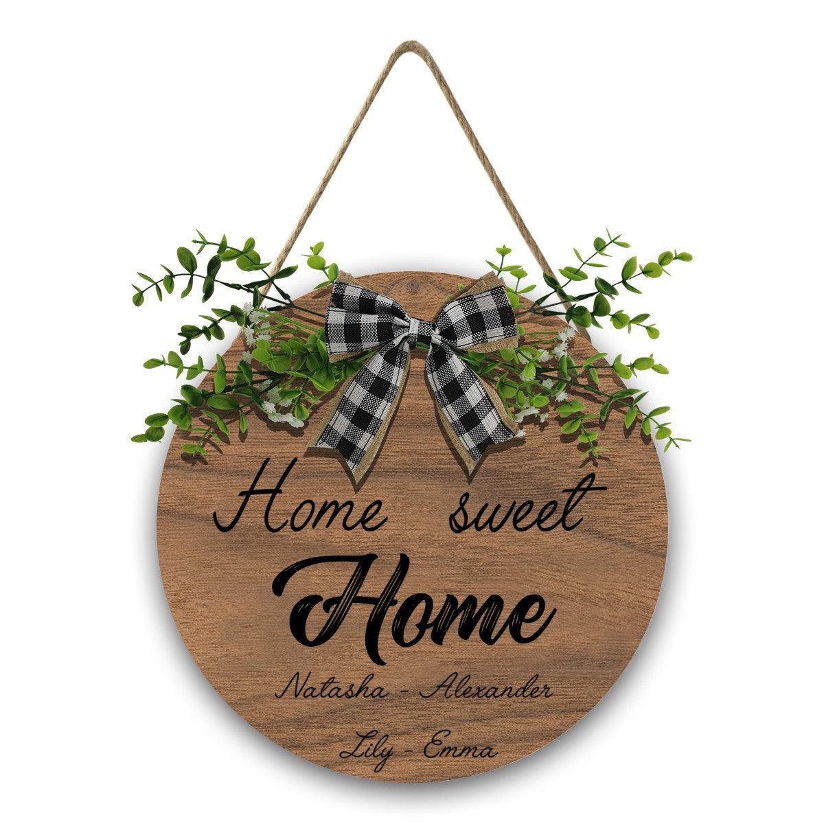 Personalized Home Sweet Home Round Wooden Sign | Custom Names | Gingham Bow & Greenery