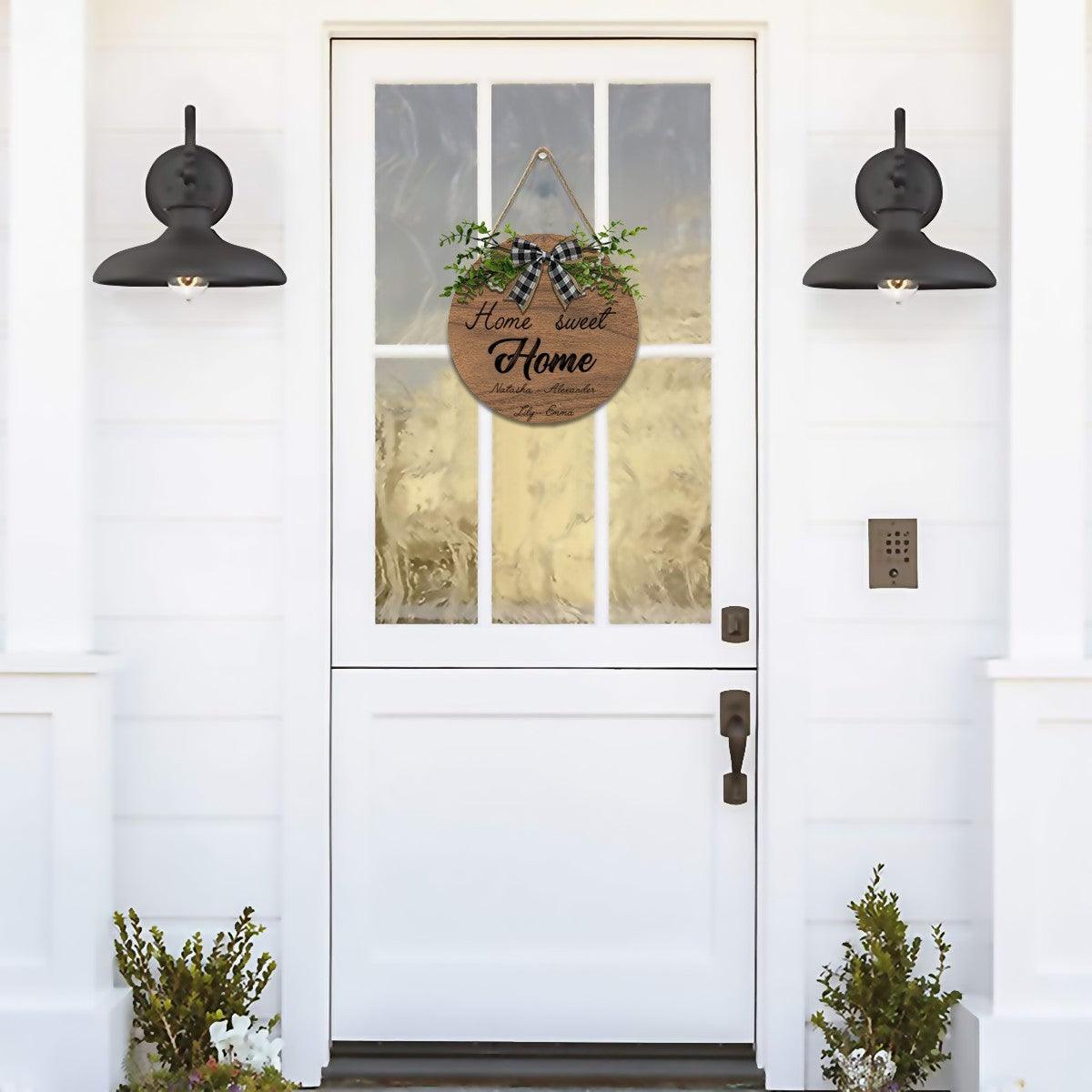 Personalized Home Sweet Home Round Wooden Sign | Custom Names | Gingham Bow & Greenery