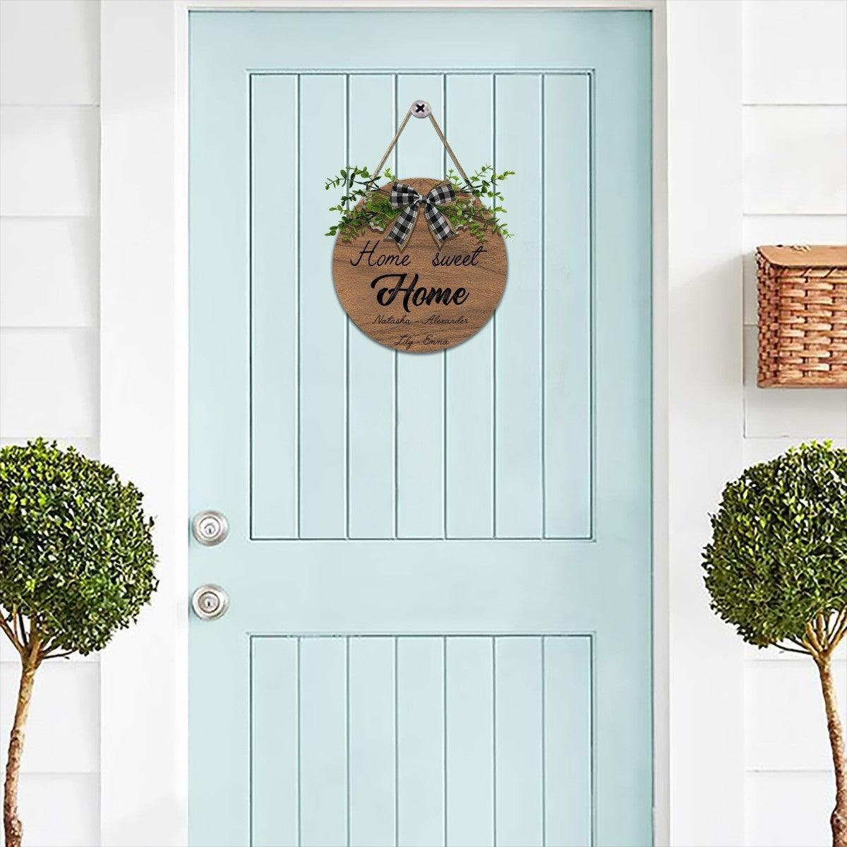 Personalized Home Sweet Home Round Wooden Sign | Custom Names | Gingham Bow & Greenery