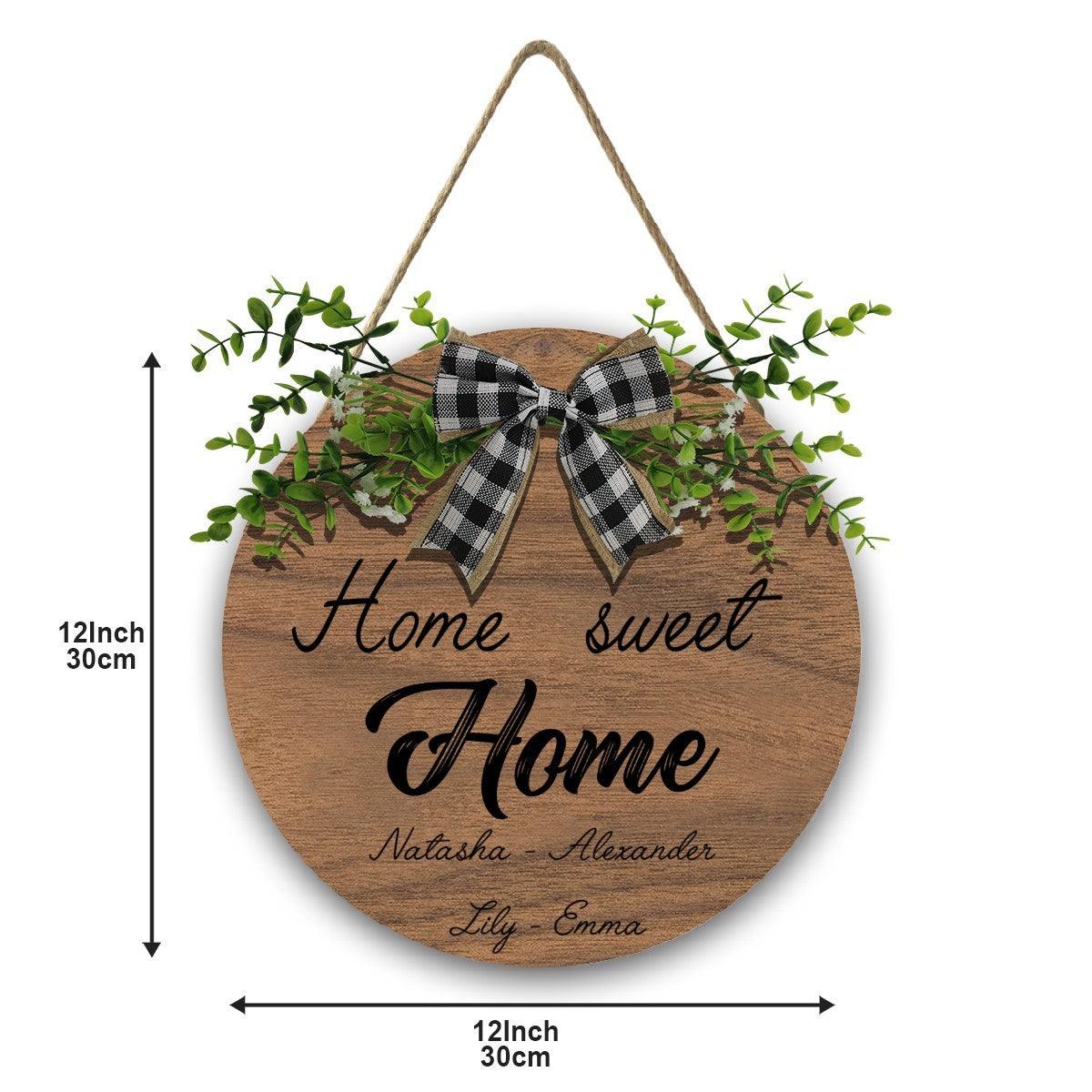 Personalized Home Sweet Home Round Wooden Sign | Custom Names | Gingham Bow & Greenery