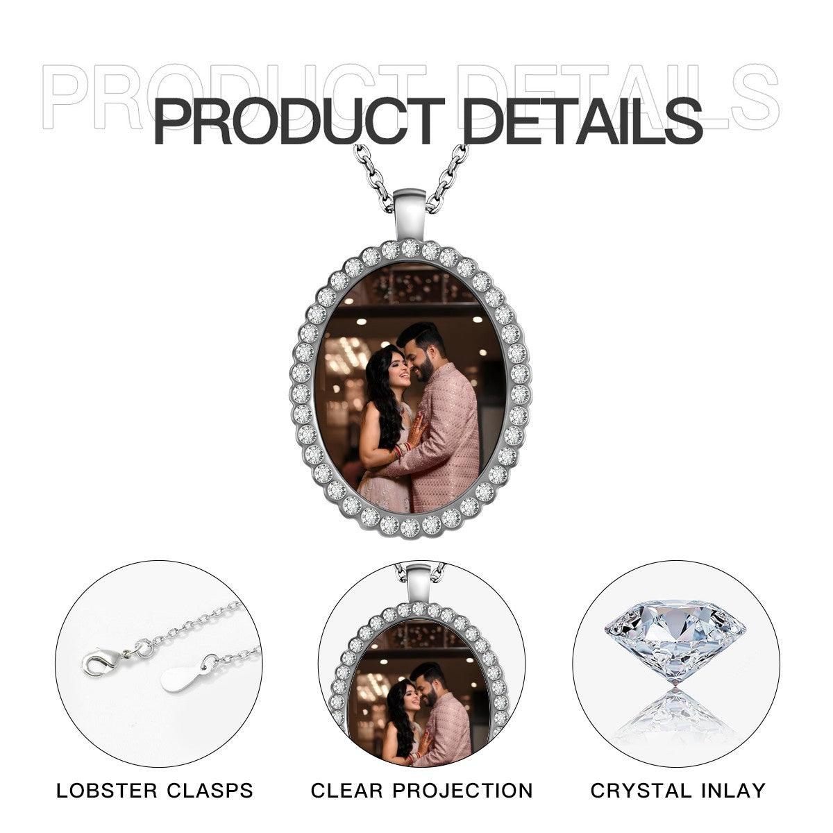 Custom Photo Oval Pendant Necklace | Crystal Scalloped Border | Personalized Silver Gift