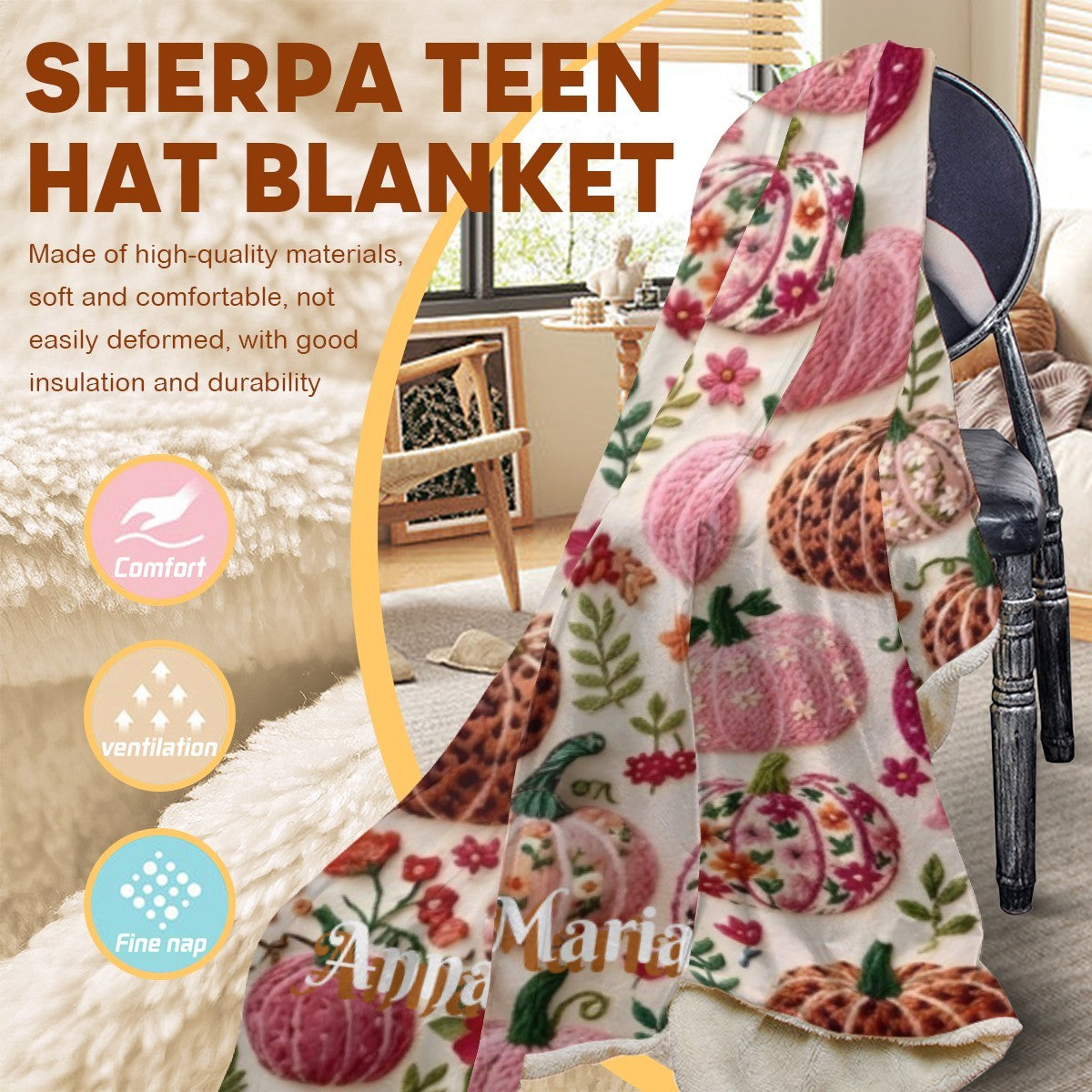 Personalized Name Pink and Orange Pumpkin Hooded Cap Blanket