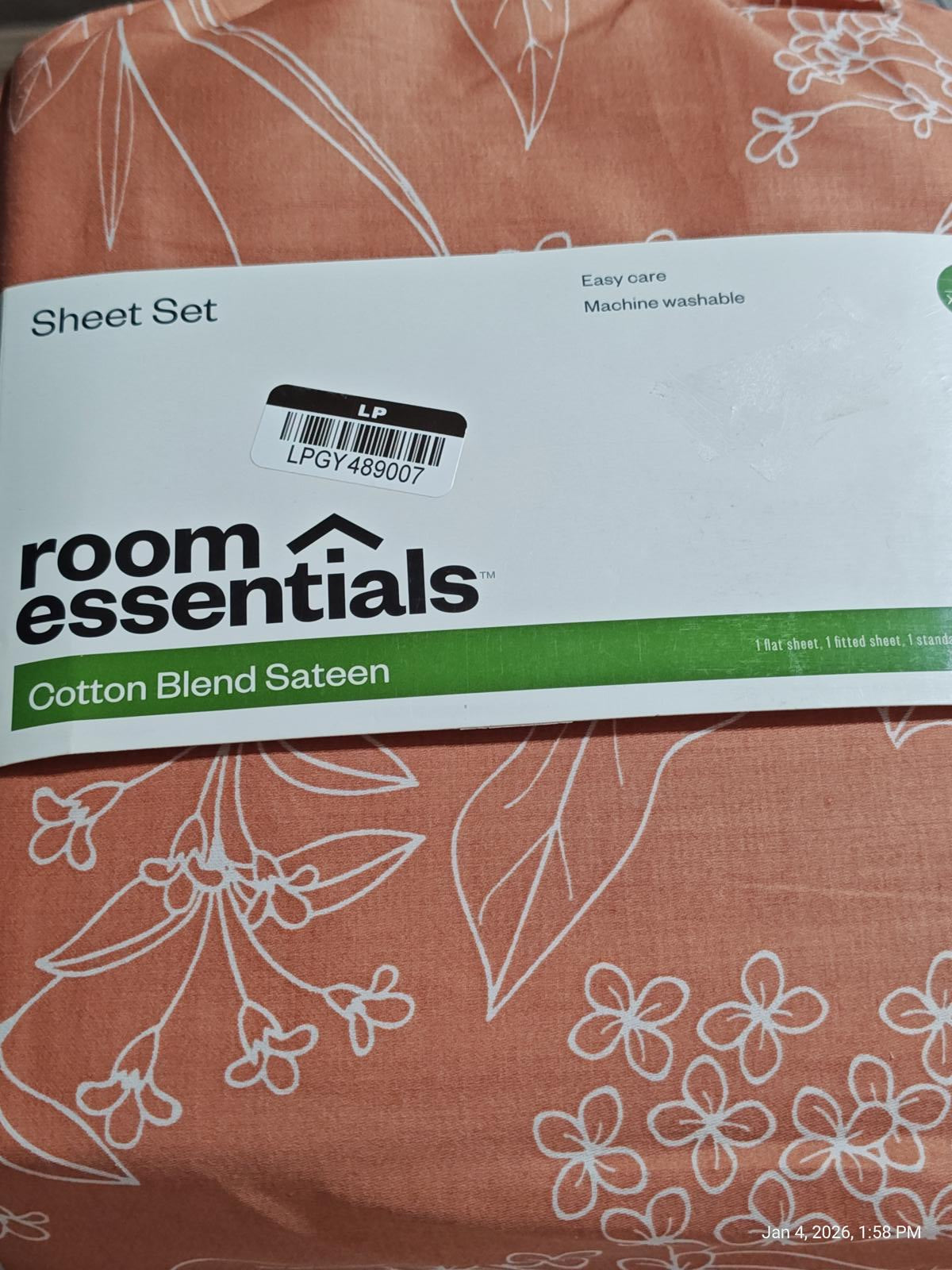 Room Essentials cotton blend sateen sheet set featuring a floral design in peach color.