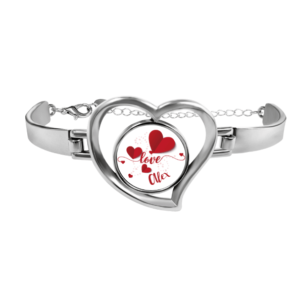 Personalized Name Heart Bangle Bracelet | Custom Name Love Charm in Open Heart | Silver
