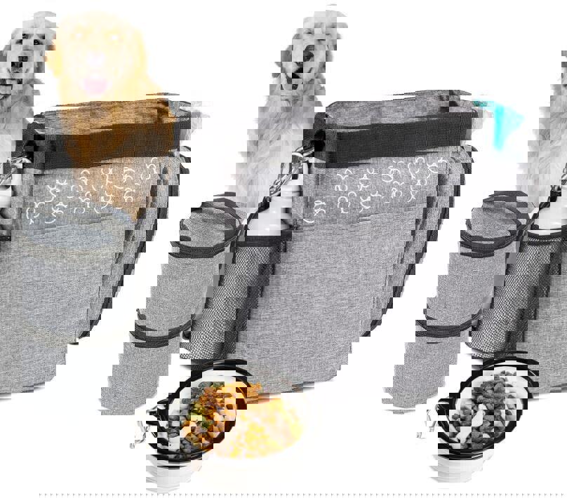 Dog Travel Bag for Supplies - Includes Travel Bag, Travel Dog Bowls, Food Grey