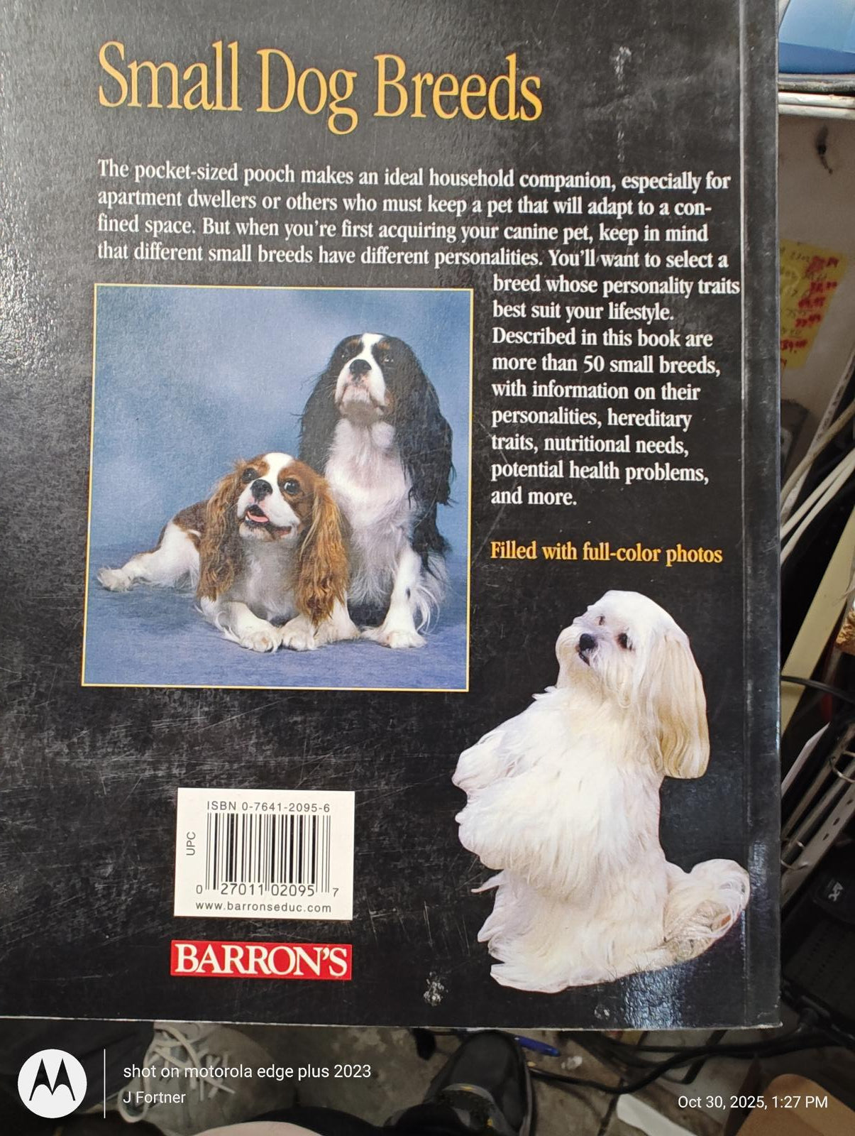 Small Dog Breeds book cover featuring three small dog breeds with colorful photos.