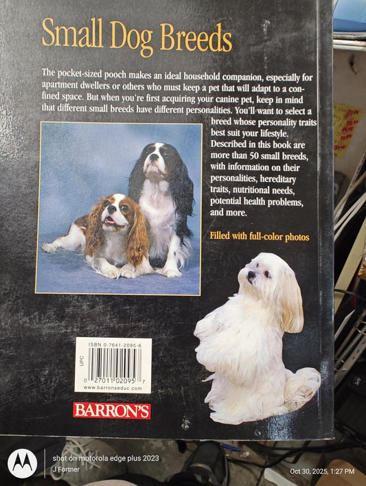 Small Dog Breeds book cover featuring three small dog breeds with colorful photos.
