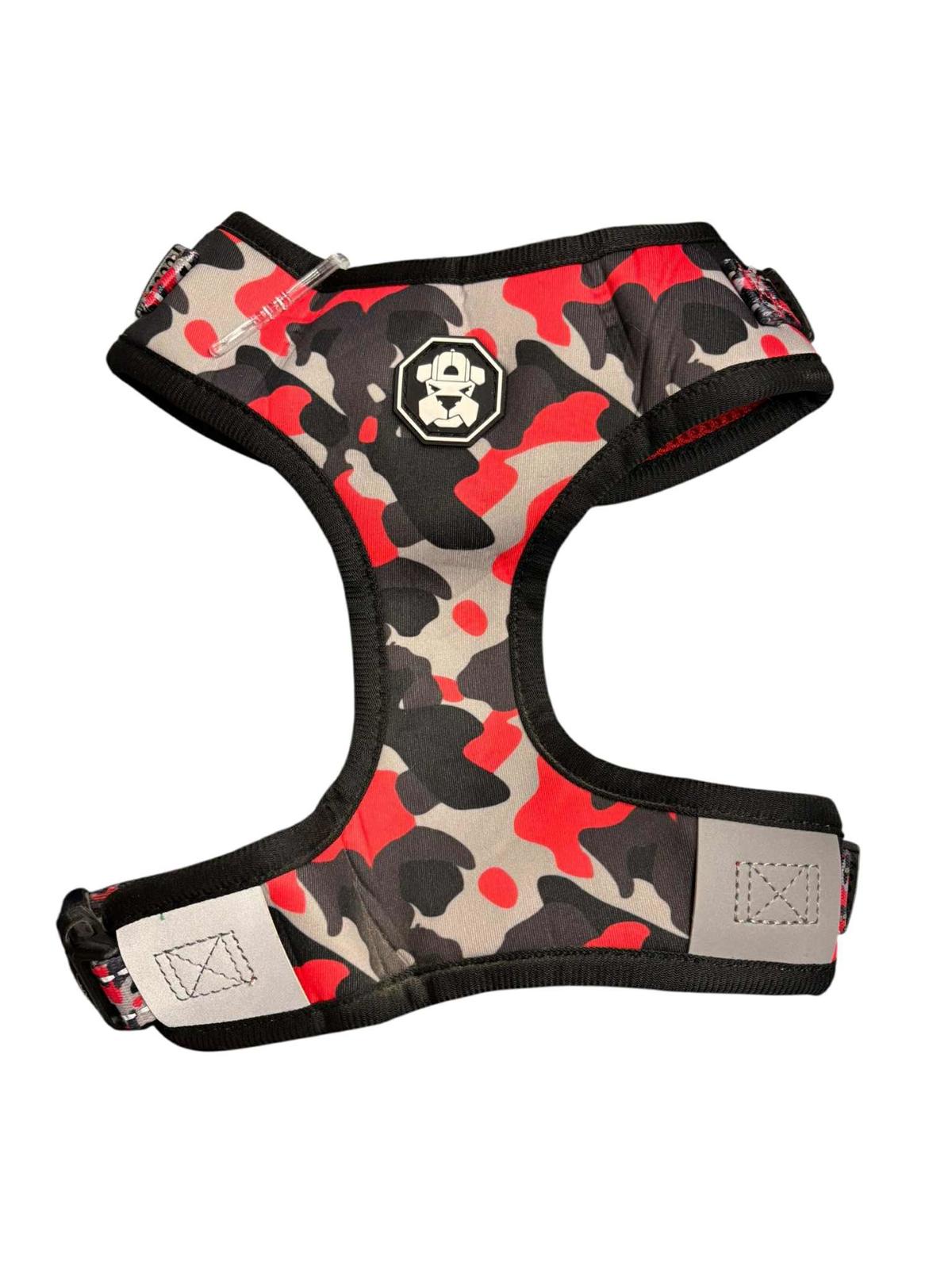Camo Dog Harness featuring a red and gray camouflage pattern with adjustable straps.