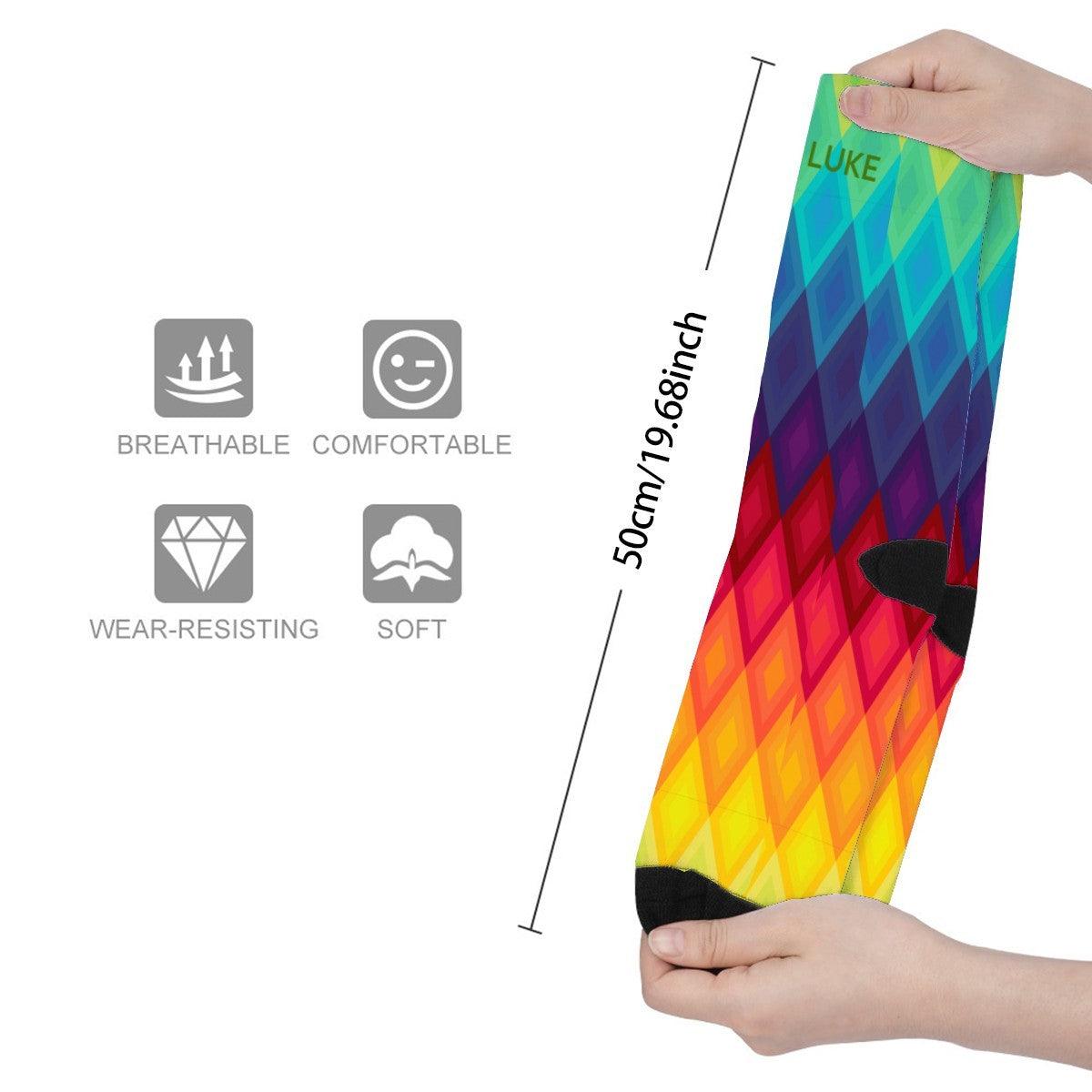 Personalized Rainbow Diamond Socks | Custom Name Knee-High Socks | Colorful Gift