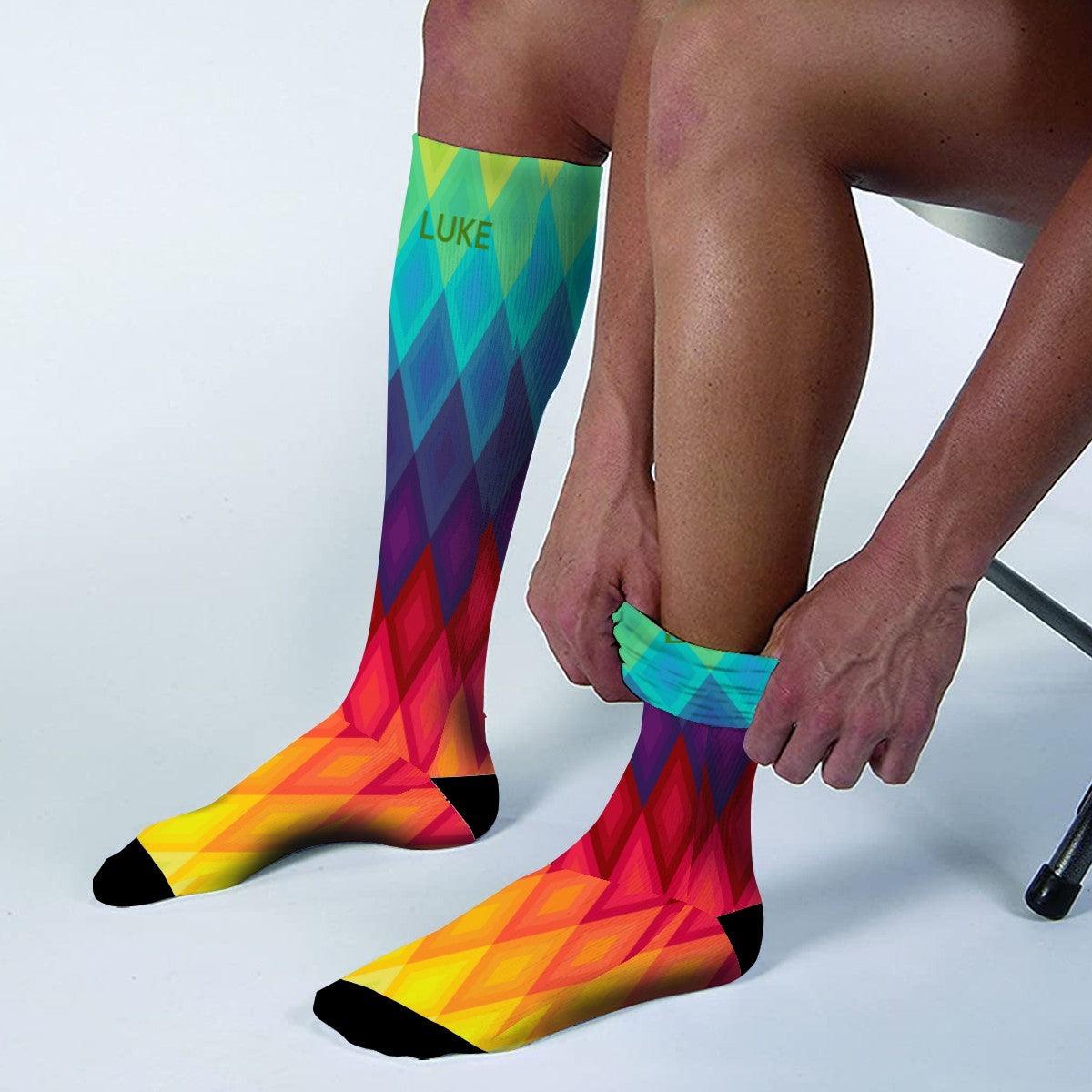 Personalized Rainbow Diamond Socks | Custom Name Knee-High Socks | Colorful Gift