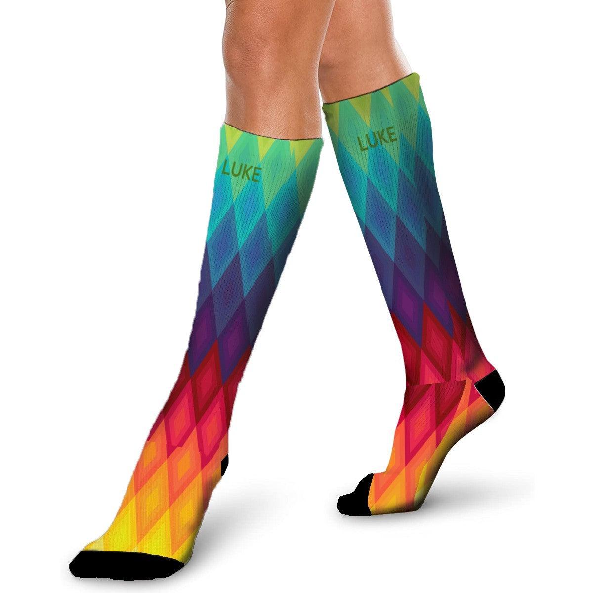 Personalized Rainbow Diamond Socks | Custom Name Knee-High Socks | Colorful Gift